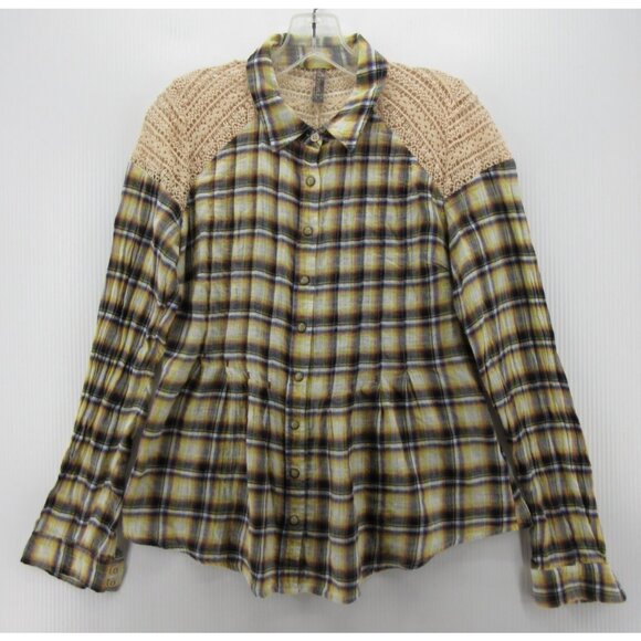 Free People Top 4 Yellow Pearl Snap Plaid Blouse Crochet Lace Peplum - Picture 1 of 10